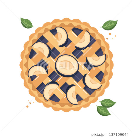 Delicious plum pie top view with a lattice crust and fresh fruit. Food illustration. Delicious plum pie top view with a lattice crust and fresh fruit. Food illustration. 137109044