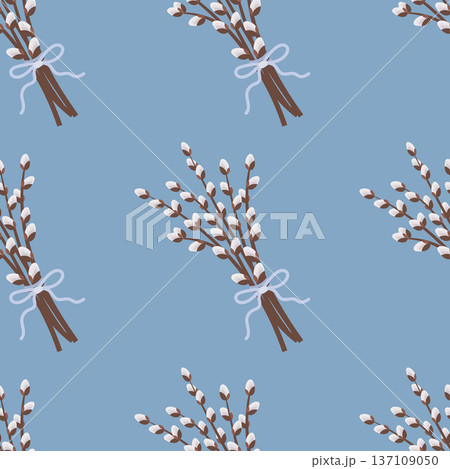Seamless pattern with pussy willow branches with bows on a blue. Festive spring background. 137109050