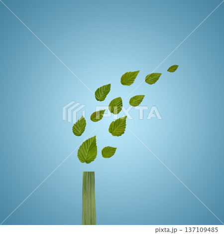 Factory chimneys with smoke in shape of green trees and leaves on blue background. Eco friendly Green industry concept. Ecology concept. Earth day concept and green recycling. World Environment Day Factory chimneys with smoke in shape of green trees and leaves on blue background. Eco friendly Green industry concept. Ecology concept. Earth day concept and green recycling. World Environment Day 137109485