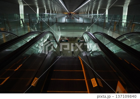 Empty Escalator in Modern Subway Station Terminal 137109840