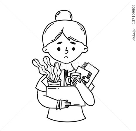 Sad Woman Leaving Office with Box of Personal Belongings. Line Art Hand Drawn Doodle. Concept Work Female Character Employee. Vector illustration 137109906