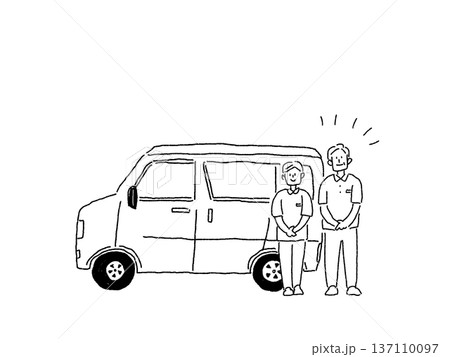 送迎車と介護スタッフ、線画 137110097