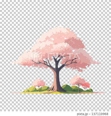 満開の桜の木と春の風景イラスト（入学・卒業・春素材） 137110968