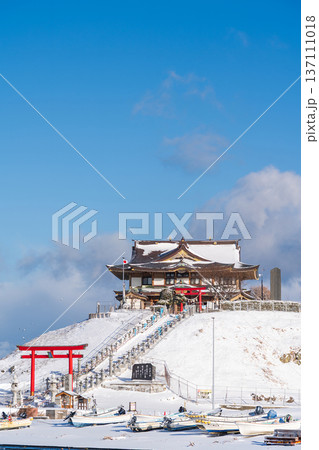 「青森県」雪景色のうみねこ繁殖地・蕪島　八戸市 137111018