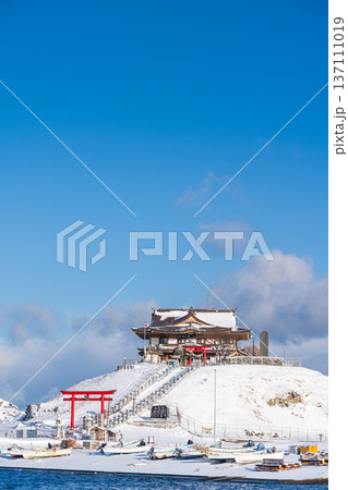 「青森県」雪景色のうみねこ繁殖地・蕪島　八戸市 137111019