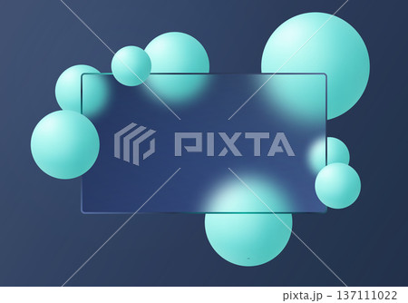Translucent rectangular glass panel with turquoise spheres on a dark gradient background. Translucent rectangular glass panel with turquoise spheres on a dark gradient background. 137111022