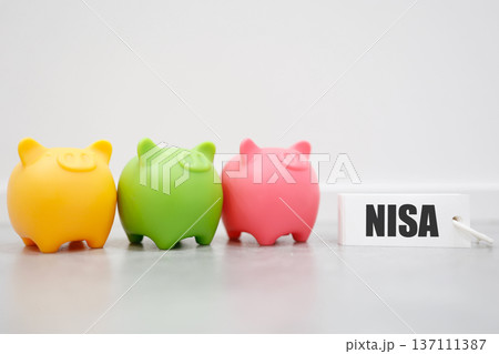カラフルな豚の貯金箱とNISAの資産形成イメージ。 カラフルな豚の貯金箱とNISAの資産形成イメージ。 137111387