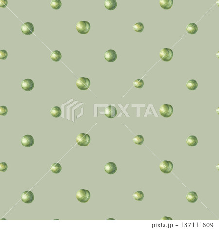 Simple and delicate seamless pattern with green pea seeds. Hand-drawn watercolor illustration isolated on light green background. Polka dot style. Perfect for design packaging, wrapping paper, textile Simple and delicate seamless pattern with green pea seeds. Hand-drawn watercolor illustration isolated on light green background. Polka dot style. Perfect for design packaging, wrapping paper, textile 137111609