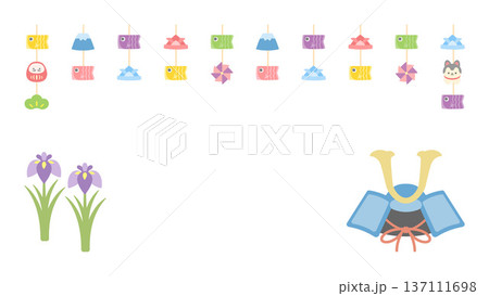 こどもの日の飾りと兜と菖蒲の花、16対9の横長サイズ 137111698