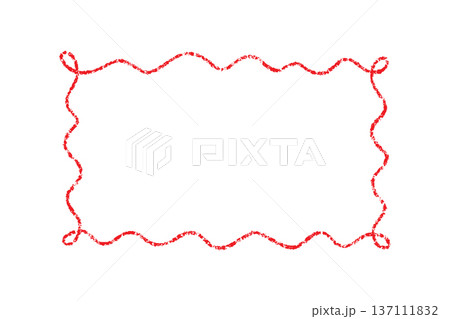 Crayon doodle scalloped frame. Chalk wavy hand drawn border. Red cute rectangle photo frame with crayon texture. Wavy sketch line mirror border. Vector illustration isolated on white background 137111832