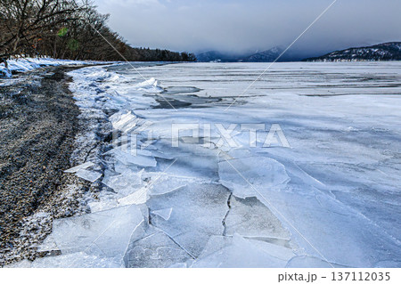 凍りつく屈斜路湖の湖畔 流氷のような氷片と静寂の朝 137112035