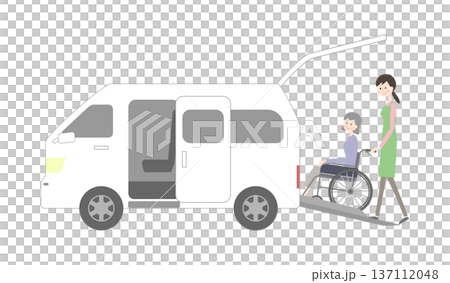 一位坐在輪椅上的老年婦女和一輛福利車 137112048