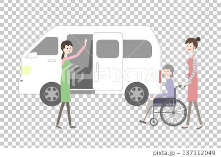 車いすに乗るシニア女性と福祉車両 137112049