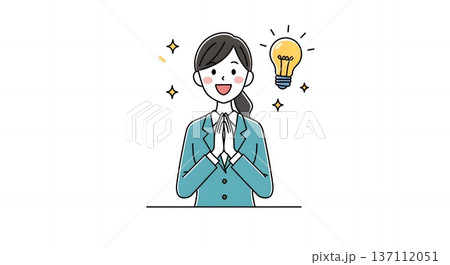 頭上で電球が輝き、画期的なアイデアをひらめいたビジネスパーソンのイラスト 137112051