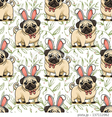 Cute pug dog wearing bunny ears seamless pattern with floral branches 137112062