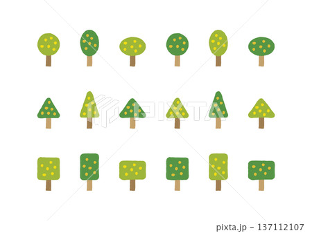 丸・三角形・四角形の木と花粉の手描きイラストセット 137112107