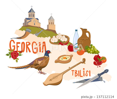 Map of Georgia and vector symbols of the Caucasus. Khinkali, khachapuri, kranat, persimmon, and ripe grapes. Trinity Church in the mountains. Wine, pheasant, kama, and chonguri. Tourism and culture. 137112114