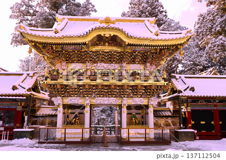 日光市　日光東照宮　雪景色の陽明門 137112504