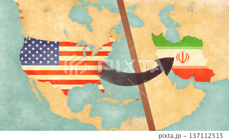 Maps of USA and Iran with arrow 137112515