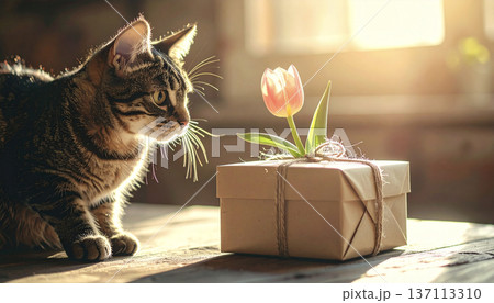 春の柔らかな光の中で花とギフトに癒やされる穏やかな猫のひととき 春の柔らかな光の中で花とギフトに癒やされる穏やかな猫のひととき 137113310