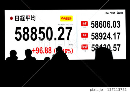 日本の東京都市景観最高値更新5万8850円27銭株価/終値。3日連続で最高値更新＝2月27日 137113781