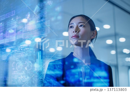 AIデジタルディスプレイを見るビジネス女性　DXイメージ 137113803