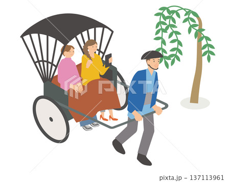 人力車に乗って観光を楽しむ女性と車夫のイラスト 137113961