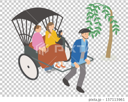 插圖描繪了一位女士和她的人力車夫乘坐人力車觀光的場景。 137113961