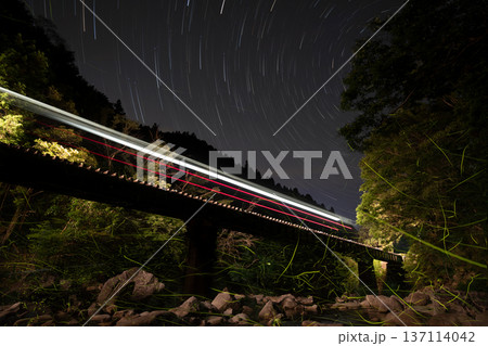 鉄橋と夏の夜空・ホタルの舞う風景 137114042