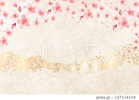 和紙と金箔と満開の桜が描かれた上品な和風の背景素材 137114119