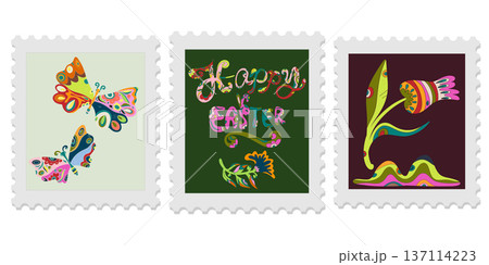 A set of three spring postage stamps. Festive, bright Easter motifs with folk art. Vector isolated elements. A set of three spring postage stamps. Festive, bright Easter motifs with folk art. Vector isolated elements. 137114223