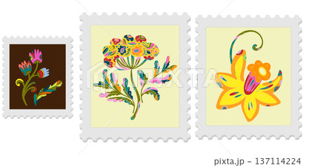 A set of three spring postage stamps. Festive, bright Easter motifs with folk art. Vector isolated elements. 137114224