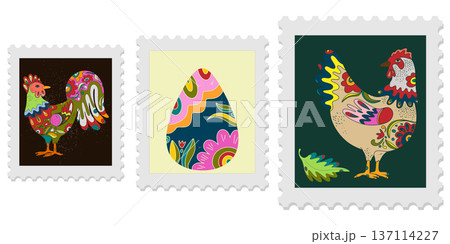 A set of three spring postage stamps. Festive, bright Easter motifs with folk art. Vector isolated elements. A set of three spring postage stamps. Festive, bright Easter motifs with folk art. Vector isolated elements. 137114227