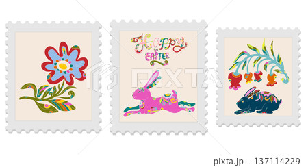 A set of three spring postage stamps. Festive, bright Easter motifs with folk art. Vector isolated elements. A set of three spring postage stamps. Festive, bright Easter motifs with folk art. Vector isolated elements. 137114229