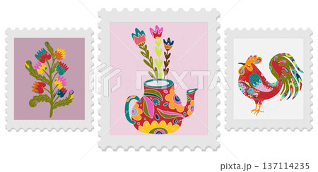 A set of three spring postage stamps. Festive, bright Easter motifs with folk art. Vector isolated elements. 137114235