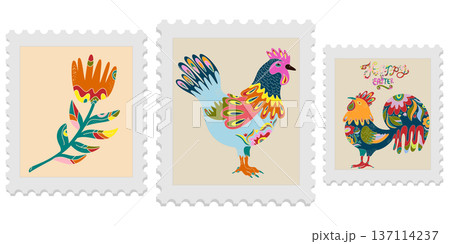 A set of three spring postage stamps. Festive, bright Easter motifs with folk art. Vector isolated elements. 137114237