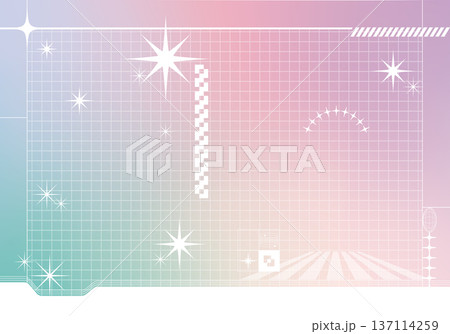 Y2KスタイルのサイバーポップなA4横型背景素材 グリッドと星のパステルカラー表紙テンプレート 137114259
