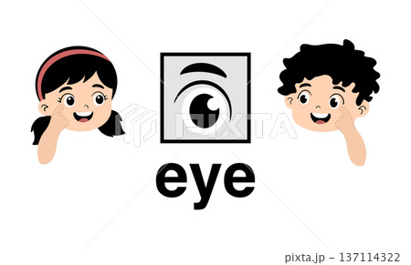 Educational cartoon illustration of little boy and girl pointing at their eyes to learn English vocabulary, cute kids body parts flashcard for preschool and kindergarten, isolated on white 137114322