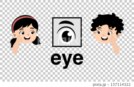 Educational cartoon illustration of little boy and girl pointing at their eyes to learn English vocabulary, cute kids body parts flashcard for preschool and kindergarten, isolated on white 137114322