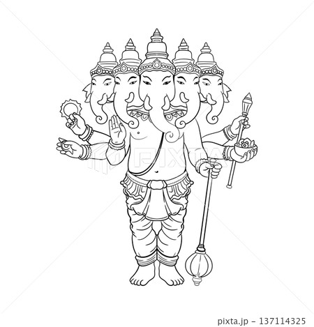Line art illustration of Pancha Mukhi Ganesha with five heads and multiple arms, Hindu elephant god of success and wisdom, black and white vector sketch for spiritual coloring page and design 137114325