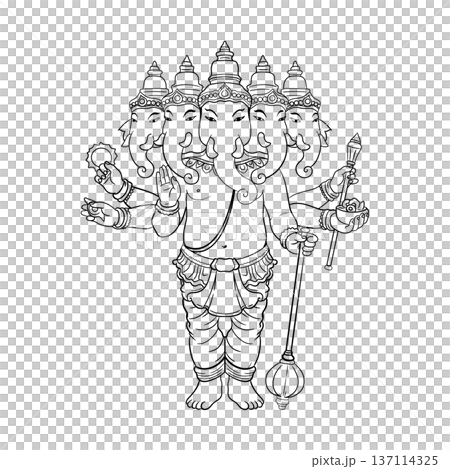 Line art illustration of Pancha Mukhi Ganesha with five heads and multiple arms, Hindu elephant god of success and wisdom, black and white vector sketch for spiritual coloring page and design 137114325