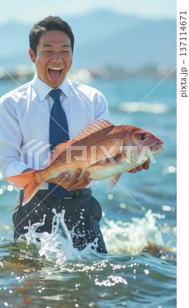 大物を釣り上げたビジネスマン 海辺で喜ぶ男性 137114671