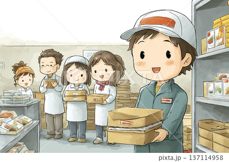スーパーのバックヤードで商品を運ぶスタッフ｜チームワークのイメージ 137114958