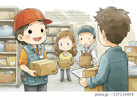 スーパーのバックヤードで荷物を確認するスタッフ|商品管理とチームワークのイメージ スーパーのバックヤードで荷物を確認するスタッフ|商品管理とチームワークのイメージ 137114959