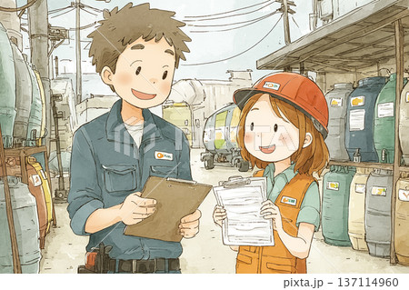 ガソリンスタンドで点検確認をするスタッフ｜屋外作業とチームワークのイメージ 137114960