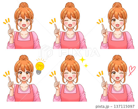 指さしして説明する可愛いエプロン姿の保育士さんのイラスト素材セット 137115097