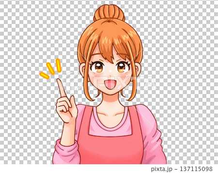 插畫素材：一位穿著圍裙的可愛幼兒園老師指著東西講解。 137115098