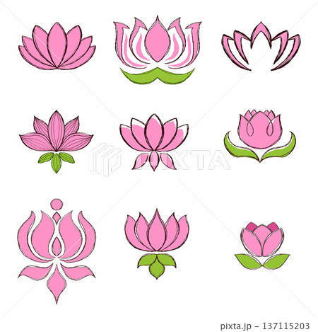 collection of pink lotus elements for logo decoration. Illustration on white background. collection of pink lotus elements for logo decoration. Illustration on white background. 137115203