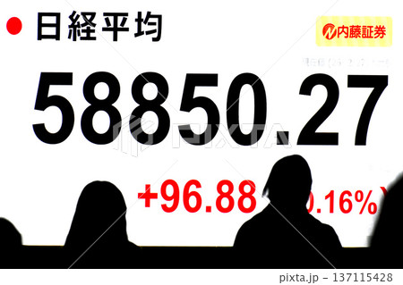 日本の東京都市景観最高値更新5万8850円27銭株価/終値。3日連続で最高値更新＝2月27日 137115428