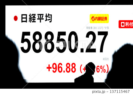 日本の東京都市景観最高値更新5万8850円27銭株価/終値。3日連続で最高値更新＝2月27日 137115467